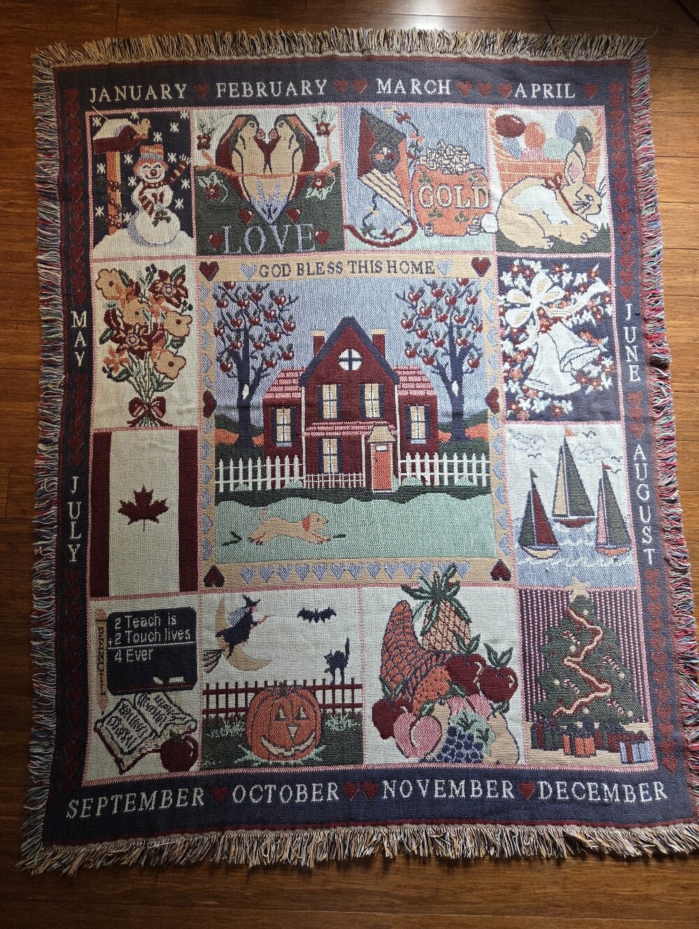 Vintage Seasonal Holidays Woven Throw Blanket Folk Art Tapestry Halloween 47x58
